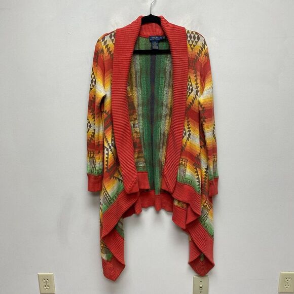 VTG Polo Ralph Lauren Long Draped Open Cardigan Sweater Aztec Southwestern XS‎